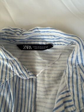 Zara White and Blue Striped Linen-Cotton Shirt